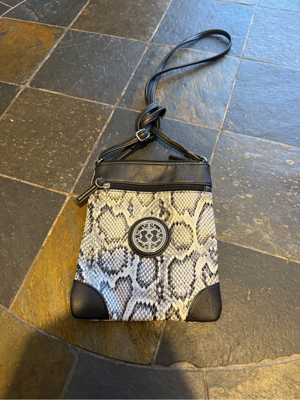 Snake-Print Crossbody Bag with Black Trim and Logo Medallion
